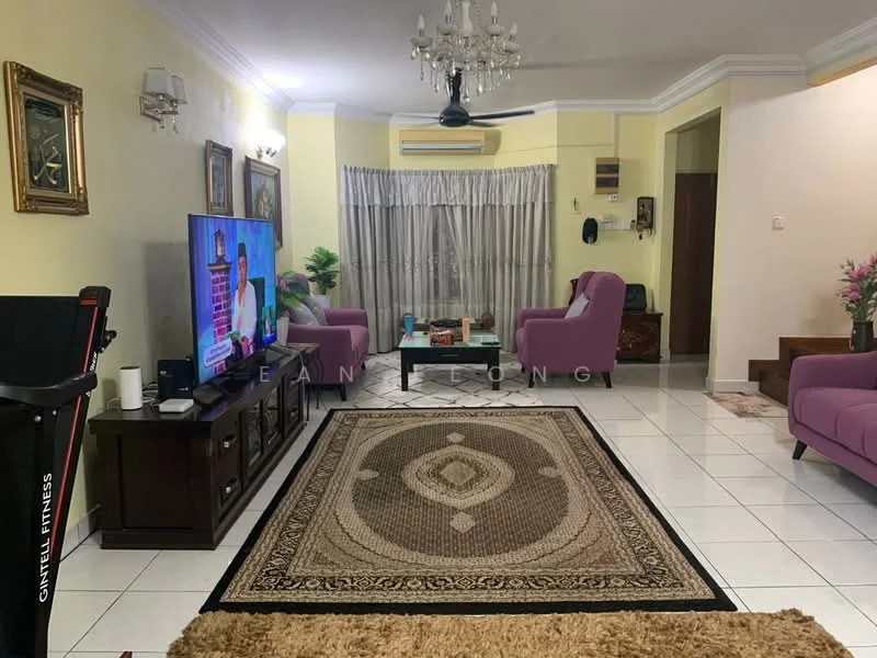 Living features: white painted walls, ceramic tile flooring, chandelier, 5-blade ceiling fan, sofa in purple, 2-seater sofa, coffee table, TV console, wall-mounted TV, area rug with geometric pattern, curtains, decorative plants in pots; style: contemporary.