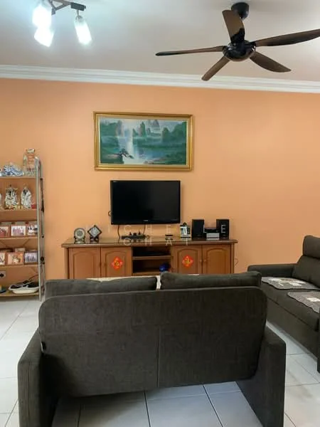 Living features: orange painted walls, white ceiling, 5-blade ceiling fan, recessed ceiling lights, flat-panel wall-mounted TV, wooden TV console, decorative wall art, grey fabric sofa, coffee table, open shelving unit with decorative items, white tile flooring; style: contemporary.