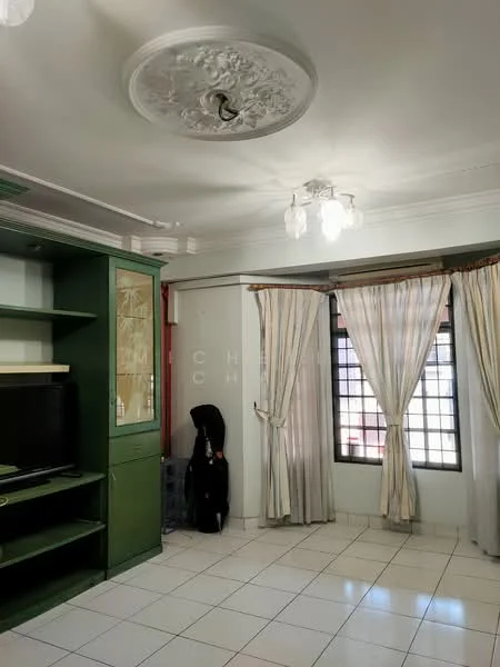 Living features: white painted walls, white tiled flooring, ceiling rose with chandelier, curtains with sheer and blackout layers, built-in green shelving unit, wall-mounted TV, floor-to-ceiling windows, light fixture with multiple bulbs; style: traditional.