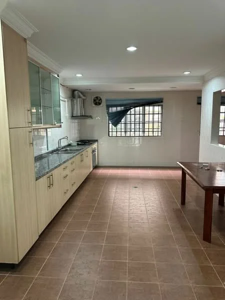 Kitchen features: light wood cabinetry, black granite countertop, single-bowl stainless-steel sink, chrome pull-down faucet, built-in oven, freestanding range oven, ceramic tile flooring, recessed LED downlights, window with grid pattern, dining table, open layout, white painted walls, exposed ductwork; style: modern.