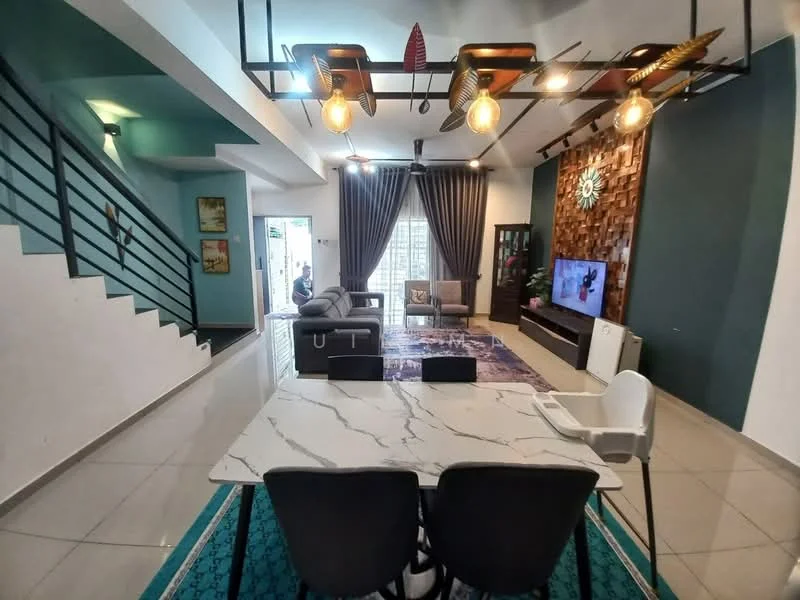 Living features: marble dining table, black dining chairs, area rug with geometric pattern, sofa in grey, wall-mounted TV, wood feature wall, recessed lighting, hanging light fixture, curtains in dark grey, sliding glass door, white painted walls, grey accent wall, tile flooring; style: modern. Room features: staircase with metal railing, open layout, natural light from windows.