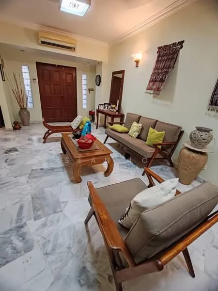 Living features: marble flooring, cream painted walls, tray ceiling, recessed downlights, 2-seater fabric sofa in beige, 3-seater fabric sofa in beige, wooden coffee table, decorative wall hanging, wooden side table, potted plant, wall-mounted artwork, window with sheer curtains, air conditioning unit; style: traditional.