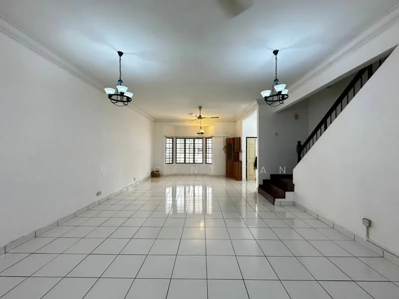 Living features: white painted walls, glossy white tile flooring, tray ceiling with recessed lighting, two pendant lights, large windows with grid pattern, staircase leading to upper floor, open layout, no visible furniture; style: modern.