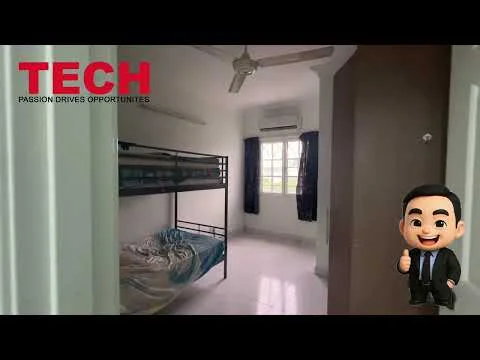 Bedroom features: bunk bed with mattress, white walls, ceiling fan, window with curtains, air conditioning unit, tile flooring, built-in wardrobe, light fixture.