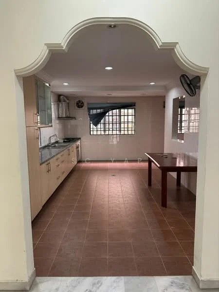Kitchen features: granite countertop, stainless-steel sink, chrome pull-down faucet, wood cabinetry, built-in oven, freestanding range oven, tile flooring, recessed downlights, window with blinds, dining table, open layout; style: modern.