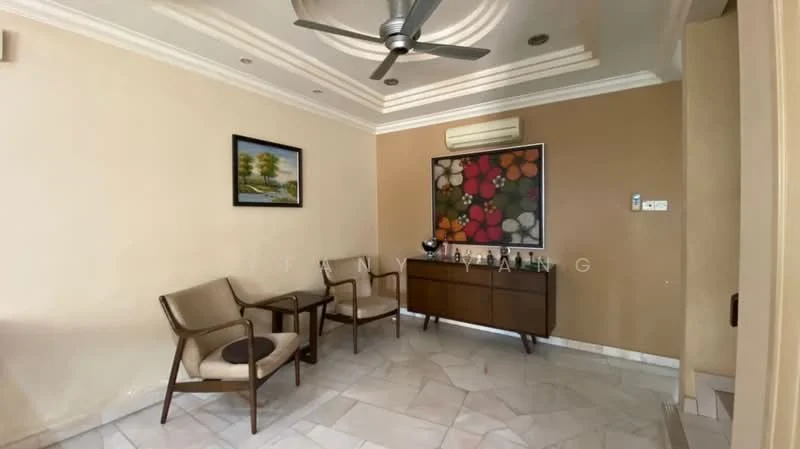 Living features: marble tile flooring, cream painted walls, tray ceiling, 5-blade ceiling fan with light, wall-mounted air conditioning unit, framed artwork, wooden sideboard, two armchairs, decorative wall panel with floral design; style: modern.