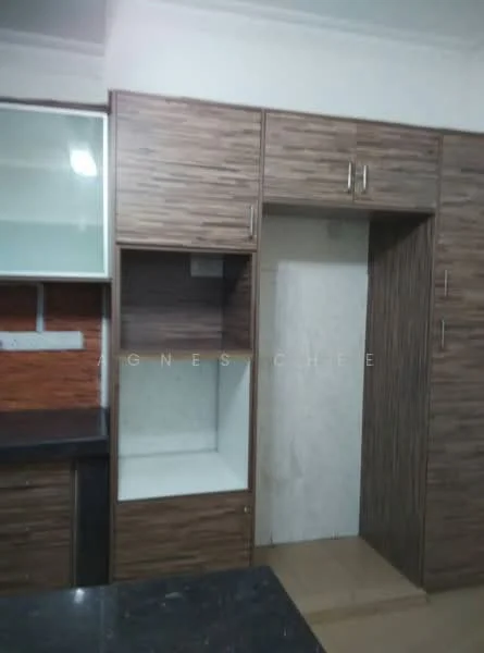 Kitchen features: wooden cabinetry with a textured finish, dark countertop, white wall with tile cladding, open shelving, built-in storage unit, neutral tile flooring, modern cabinet handles, integrated space for appliances; style: modern.