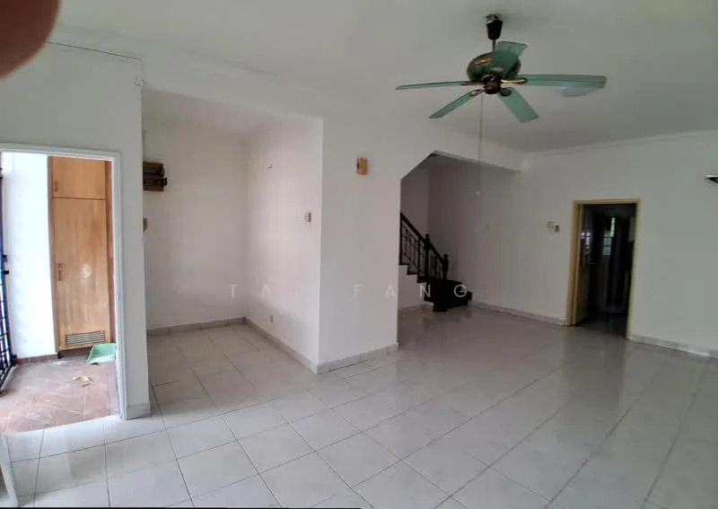Living features: white painted walls, ceramic tile flooring, 5-blade ceiling fan with light, recessed downlights, staircase visible, doorway leading to another room, large windows, open layout. Room features: white painted walls, ceramic tile flooring, door leading outside, greenery visible through doorway.