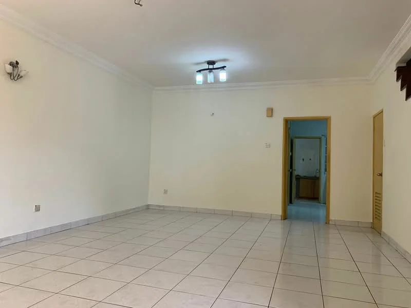 Living features: white painted walls, ceramic tile flooring, recessed downlights, 3-blade ceiling fan, wall sconce, doorway leading to other rooms, neutral color scheme, no visible furniture.