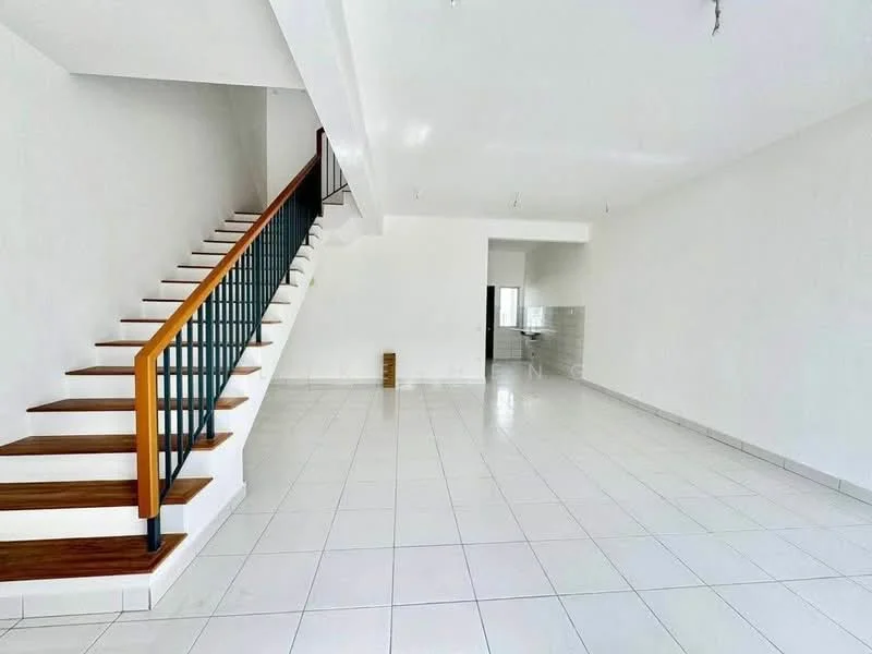 Living features: white painted walls, white tiled flooring, staircase with wooden steps and black railing, recessed downlights, open layout, large windows for natural light, high ceiling, neutral decor; style: modern. Kitchen features: white tiled backsplash, grey cabinetry, stainless-steel sink, built-in countertop, open layout to living area; style: modern.