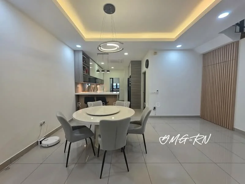 Dining features: round dining table, 6 upholstered dining chairs, recessed ceiling lights, LED strip lighting, white painted walls, grey tiled flooring, built-in cabinetry, open kitchen view, robot vacuum cleaner, wood panel accent wall; style: modern; view: kitchen.