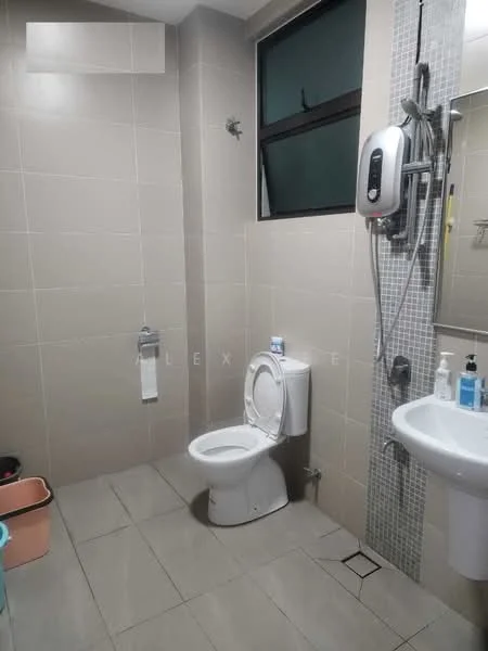 Bathroom features: white toilet, chrome basin mixer faucet, wall-mounted shower head, glass shower enclosure, white sink, mirror above sink, grey tiled walls, light grey floor tiles, window for natural light, towel rack, soap dispenser, toilet paper holder; style: modern.