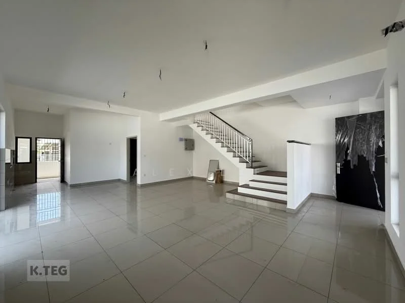 Room features: white painted walls, grey tiled flooring, staircase with metal railing, large windows for natural light, open layout, ceiling with exposed wiring, corner for potential utility area, door leading outside; style: modern.