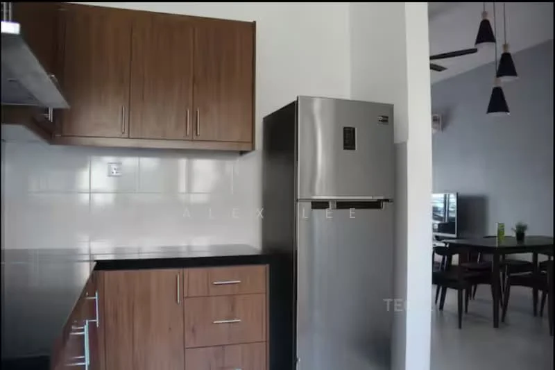 Kitchen features: brown wooden cabinetry, black granite countertop, stainless-steel fridge, white tiled backsplash, recessed downlights, wall-mounted extractor hood, open shelving, kitchen island, floor tiles, ceiling fan; style: modern.