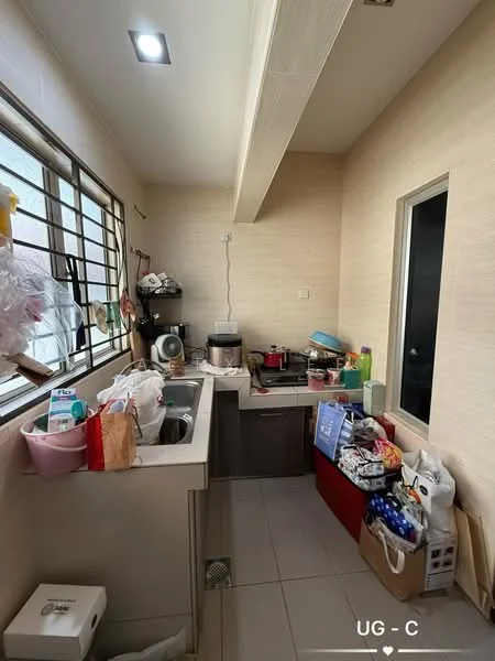 Kitchen features: single-bowl stainless-steel sink, chrome pull-down faucet, laminate countertop, grey cabinetry, tile backsplash, built-in oven, microwave, stainless-steel rice cooker, stainless-steel kettle, various kitchen appliances, window with metal grille, light fixture in ceiling, ceramic tile flooring; style: modern.