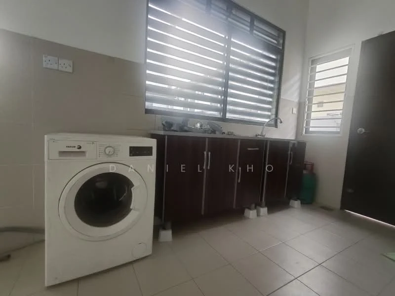 Laundry features: front-load washing machine in white, wood cabinetry with dark finish, stainless-steel sink, countertop space, tile flooring in light color, window with horizontal slats, door leading to outside, wall-mounted faucet; style: modern.