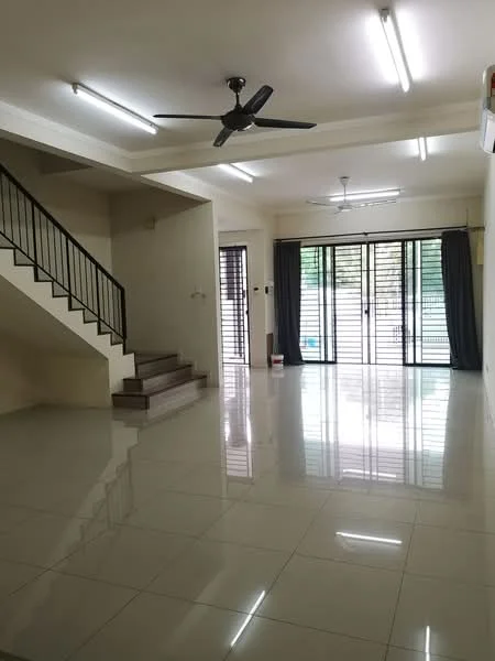 Living features: glossy tile flooring, white painted walls, ceiling fan, recessed downlights, sliding glass door, floor-to-ceiling windows, blackout curtains, staircase with metal railing, open layout, natural light, neutral color scheme; style: modern; view: garden.