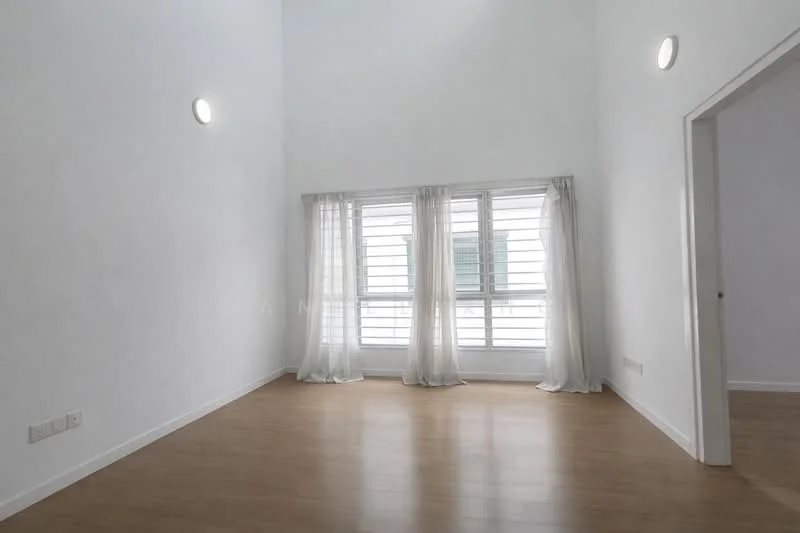 Room features: white painted walls, high ceiling, laminate flooring, floor-to-ceiling windows, sheer curtains, recessed downlights; style: modern.