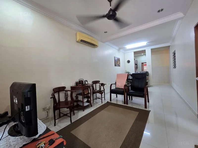 Living features: white painted walls, glossy tile flooring, 5-blade ceiling fan, wall-mounted air conditioning unit, TV console, freestanding TV, 2 wooden armchairs, 1 wooden side table, area rug with geometric pattern, decorative wall art, recessed lighting, light-colored sofa, open layout to adjacent room; style: modern.
