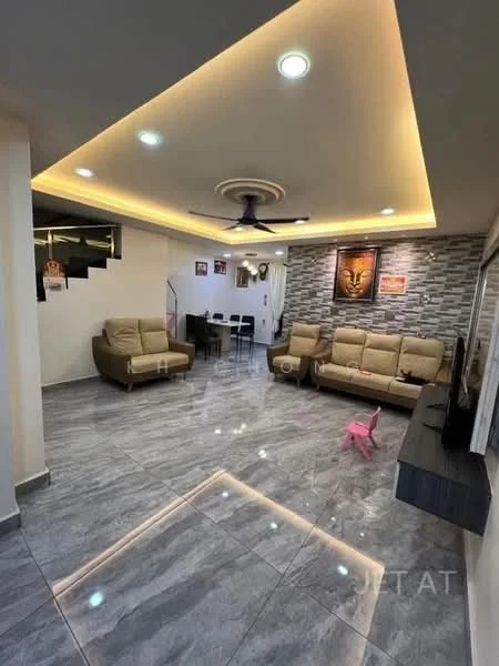 Living features: grey marble tile flooring, recessed ceiling with LED strip lighting, 5-blade ceiling fan with light, two 3-seater fabric sofas in beige, stone accent wall, wall-mounted TV, TV console, decorative artwork, open space layout, natural light from windows, decorative wall clock, small pink chair; style: modern.