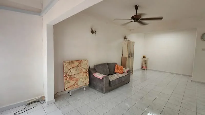 Living features: grey fabric sofa, orange decorative pillow, white tiled flooring, white painted walls, ceiling fan, wall sconces, glass cabinet, wooden side table; style: minimalist.