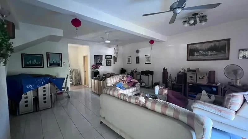 Living features: sofa with striped upholstery, 2-seater fabric sofa, 3-seater fabric sofa, ceiling fan, recessed downlights, wall-mounted artwork, wooden coffee table, decorative plants, laminate flooring, white painted walls, dining area with blue table cover, wooden side table, wall-mounted fan; style: contemporary.