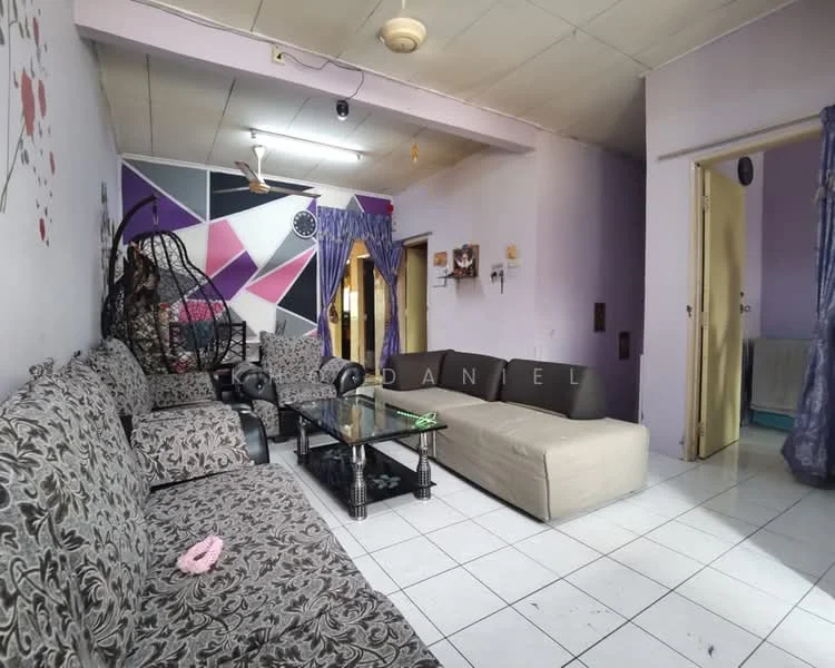 Living features: 3-seater fabric sofa in grey with floral pattern, 2-seater fabric sofa in beige, glass coffee table, hanging rattan chair, white tiled flooring, purple accent wall with geometric pattern, white painted walls, ceiling fan, curtains in blue, wall-mounted decor, doorway leading to other rooms; style: modern.