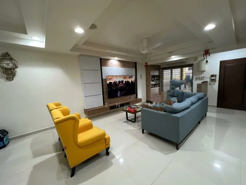 Living features: yellow upholstered armchair, blue fabric sofa, coffee table, wall-mounted TV, recessed ceiling lights, ceiling fan, white painted walls, glossy tile flooring, decorative wall panel, wooden door, built-in shelving unit; style: modern.