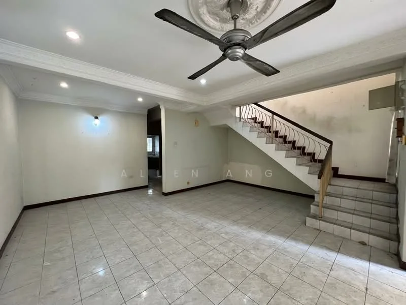 Living features: white painted walls, marble tile flooring, tray ceiling, ceiling fan, staircase with wooden railing, recessed downlights, wall-mounted light fixture, open layout; style: modern.