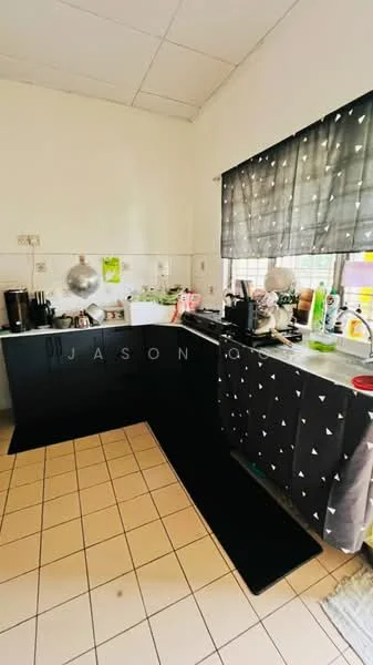 Kitchen features: black cabinetry, white countertop, single-bowl stainless-steel sink, chrome pull-down faucet, ceramic tile flooring, window with black curtains, kitchen appliances including kettle and coffee machine, decorative items on countertop, black and white patterned tablecloth, wall-mounted shelves, various kitchen utensils; style: modern.