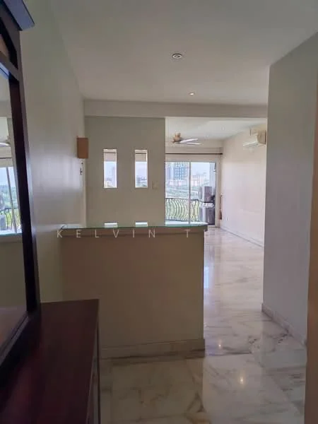 Room features: marble flooring, white painted walls, ceiling with recessed lighting, sliding glass door, balcony access, ceiling fan, window with view, open layout; style: modern; view: city.