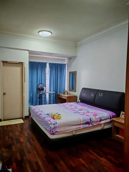 Bedroom features: queen-size bed with upholstered headboard, wooden flooring, white painted walls, ceiling light fixture, floor-to-ceiling window with blue curtains, wooden bedside table, framed mirror on wall, wall-mounted fan, decorative photo frame on bedside table; style: modern.