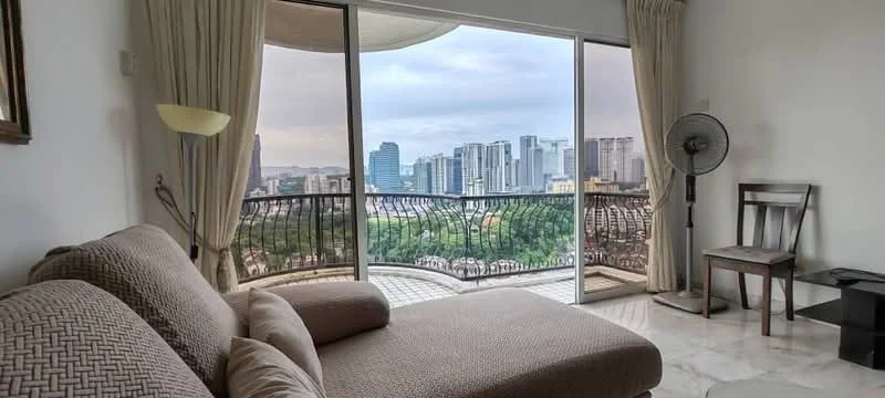 Living features: beige fabric sofa, floor-to-ceiling windows, city skyline view, marble flooring, curtains, wall-mounted lamp, standing fan, wooden chair, glass coffee table; style: modern; view: city.