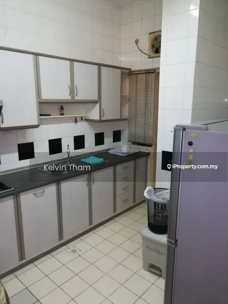 Kitchen features: white cabinetry with grey handles, black tile backsplash, stainless-steel sink, chrome faucet, built-in gas stove, oven, refrigerator, tile flooring, window with blinds, wall-mounted exhaust fan, countertop space, open shelving; style: modern.