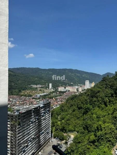 Exterior type: high-rise condominium; features: city skyline view, mountain view, surrounded by greenery, multi-storey building, parking lot visible, urban landscape; style: modern.