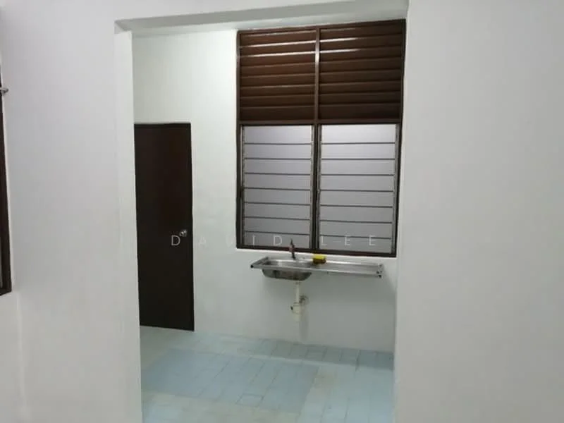 Room features: white painted walls, light blue tiled flooring, brown wooden window with horizontal slats, sink with wall-mounted faucet, door with dark finish.