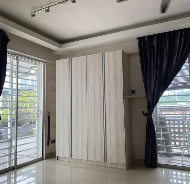 Room features: built-in wardrobe with sliding doors, cream wood finish, floor-to-ceiling windows, blackout curtains, white walls, recessed ceiling with lighting, glossy tile flooring, sliding glass door leading to balcony; style: modern; view: garden.
