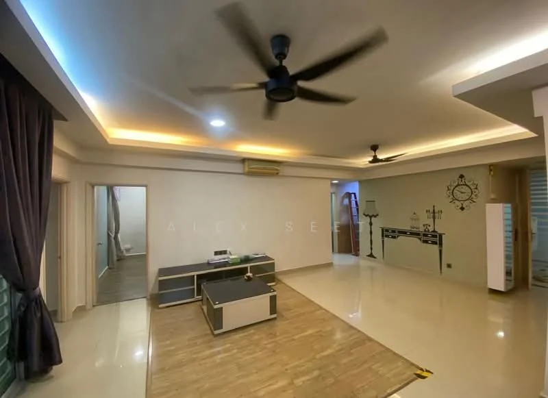 Living features: 5-blade ceiling fan with light, recessed LED downlights, cream painted walls, wooden flooring, large windows with sheer curtains, TV console, coffee table, decorative wall art, air conditioning unit; style: modern. Room features: cream painted walls, wooden flooring, doorway leading to another room.