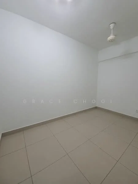 Room features: white painted walls, tile flooring, ceiling fan, no visible furniture, neutral color scheme, single light fixture; style: minimalist.
