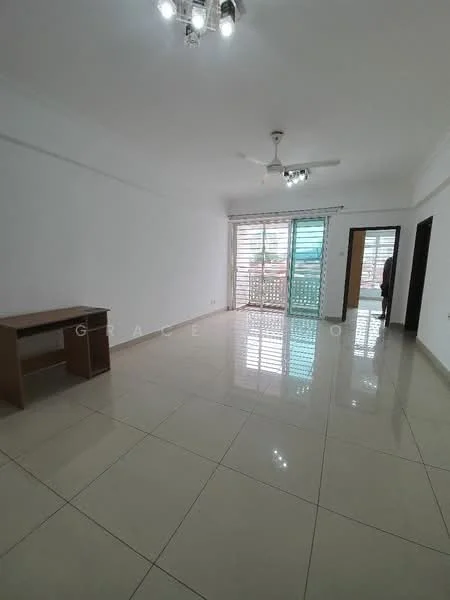 Living features: white painted walls, glossy ceramic tile flooring, 5-blade ceiling fan with light, sliding glass door, floor-to-ceiling windows, roller blinds, light fixture with multiple bulbs, open layout, balcony access, neutral color scheme; style: modern.