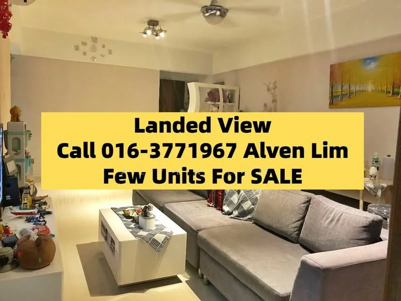 Living features: light grey fabric sectional sofa, white coffee table, decorative wall art, TV console, wall-mounted TV, laminate flooring, recessed ceiling lights, decorative ceiling elements, large window with natural light, neutral wall color; style: modern; view: land.