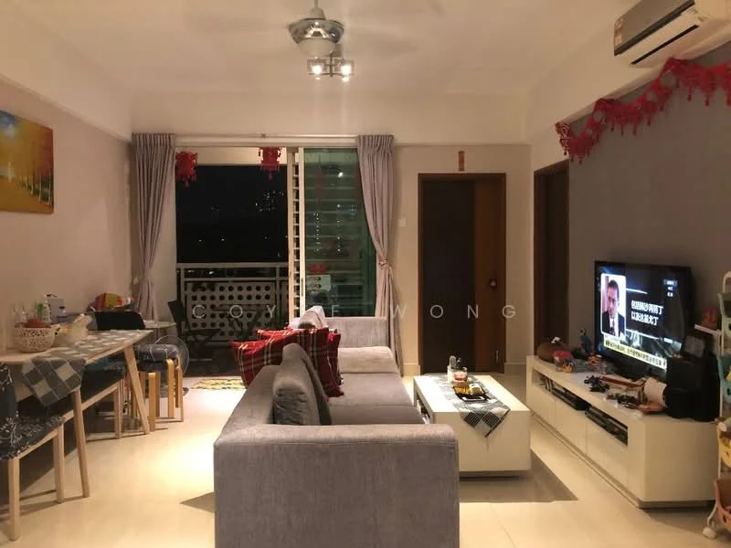 Living features: grey fabric 3-seater sofa, white coffee table, wall-mounted TV, TV console, recessed downlights, ceiling fan, light grey walls, cream tiled flooring, floor-to-ceiling windows, curtains, decorative wall art, dining table with chairs, open balcony view; style: modern; view: city.
