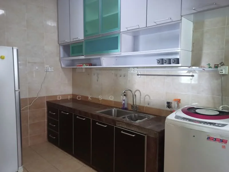 Kitchen features: double-bowl stainless-steel sink, chrome pull-down faucet, granite countertop, dark wood cabinetry, white upper cabinets with glass panels, built-in washing machine, ceramic tile flooring, wall-mounted shelves, stainless-steel fridge, tile backsplash; style: modern.