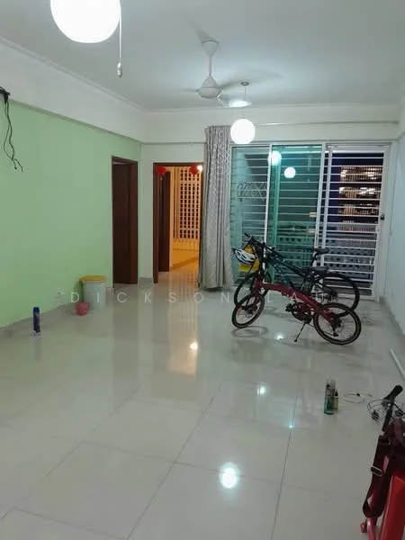Living features: light green painted walls, white ceiling with ceiling fan, polished ceramic tile flooring, sliding glass door, curtains, two bicycles, yellow bucket, bottle on floor, can on floor.