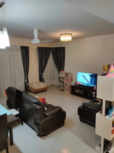 Living features: 3-seater leather sofa in dark brown, 2-seater leather sofa in dark brown, coffee table, wall-mounted TV, TV console, area rug, ceiling fan, recessed downlights, curtains with floral pattern, white painted walls, tile flooring; style: modern.