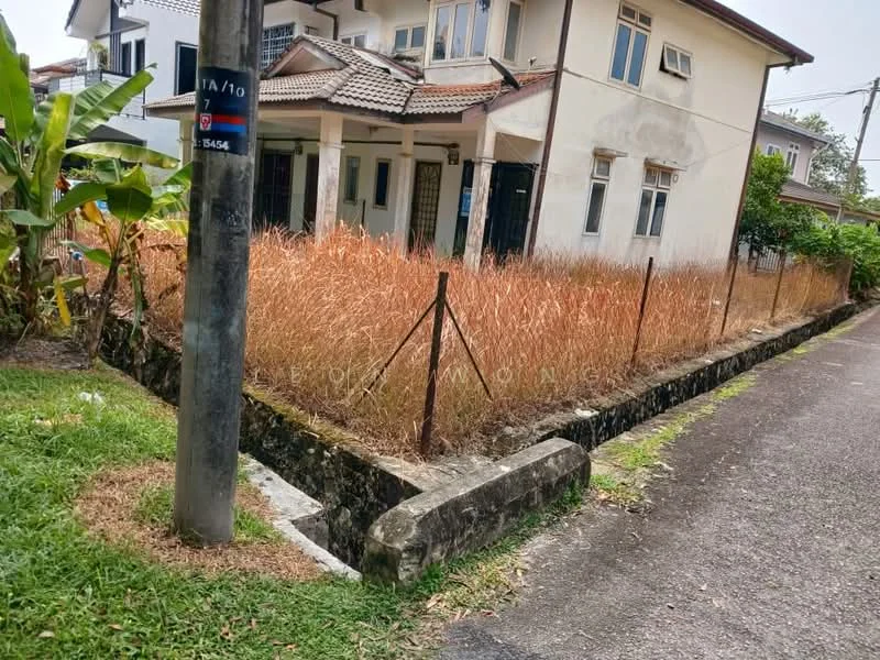 Exterior type: semi-detached house; features: overgrown grass, fenced perimeter, concrete boundary wall, paved driveway, streetlight, adjacent road, surrounding greenery; style: traditional.