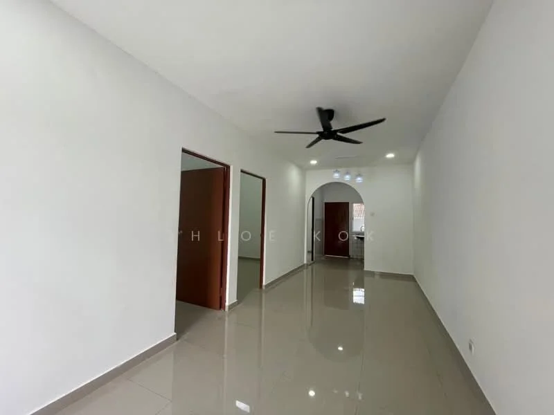 Room features: white painted walls, glossy ceramic tile flooring, 5-blade ceiling fan, arched doorway, recessed ceiling lights, two wooden doors, one open doorway, neutral color scheme; style: modern.