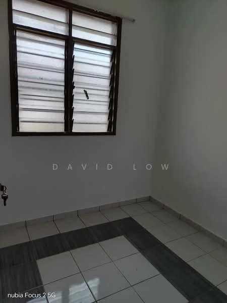 Room features: white painted walls, tile flooring, window with horizontal slats, single window, grey accent strip on flooring.
