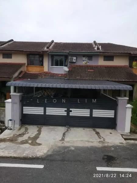 Exterior type: linked terrace house; features: grey painted facade, pitched tile roof, double-volume car porch, automatic sliding gate, wall-mounted split AC unit, stone-paved driveway, manicured lawn, front garden area; style: modern.