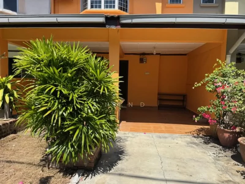 Exterior type: linked terrace house; features: orange painted facade, concrete flooring, manicured garden, potted plants, covered porch, exterior lighting, wooden bench, tropical landscaping; style: modern.